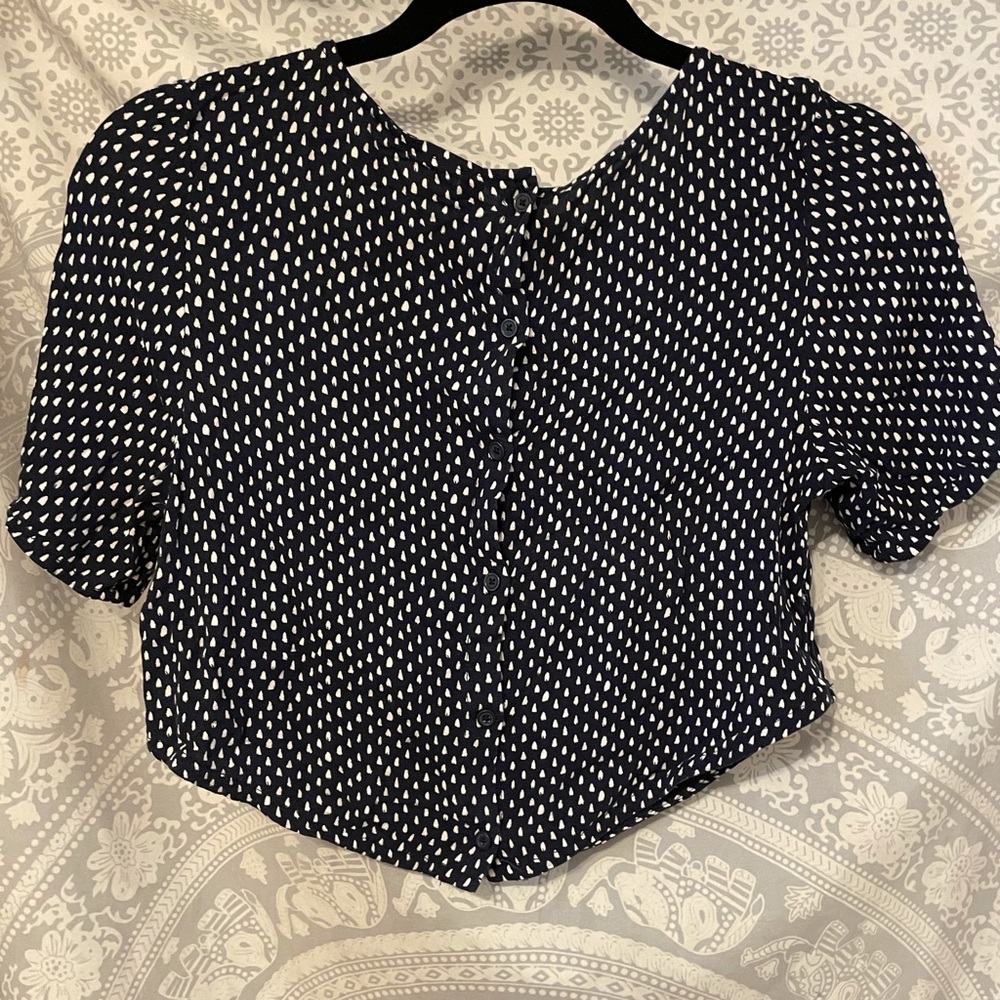 Navy Blue and White dot button down back crop top